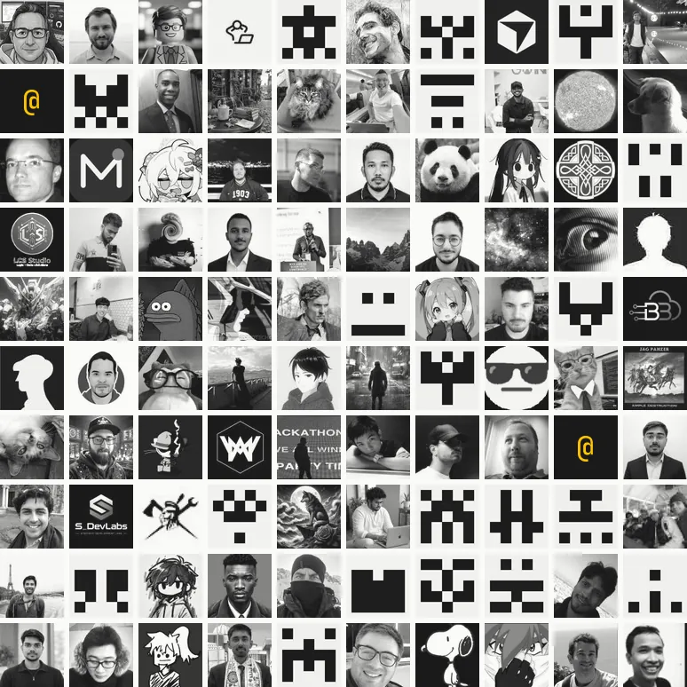 A 10 by 10 grid of the GitHub avatars of the 100 XERJ contributors, most commits first. Two tiles show an @ for contributors who committed from an email address with no GitHub account.