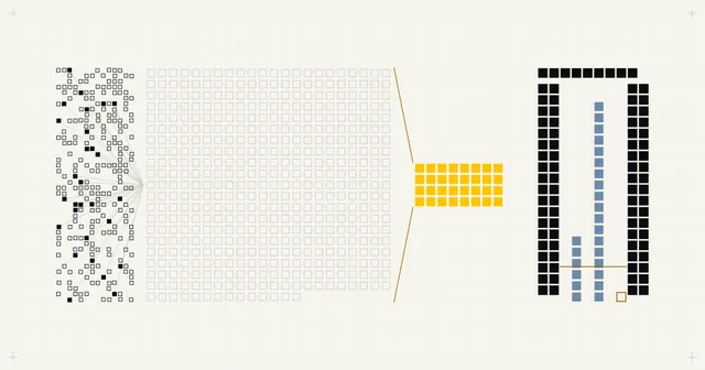 Cover art: 28 filled squares and 217 small empty rings scattered on grid paper, the filled ones joined by hairlines to a wide block of 454 empty cells, beside 32 yellow cells at the same pitch, then a gate of ink posts around two grey-blue columns and one empty yellow cell at its base