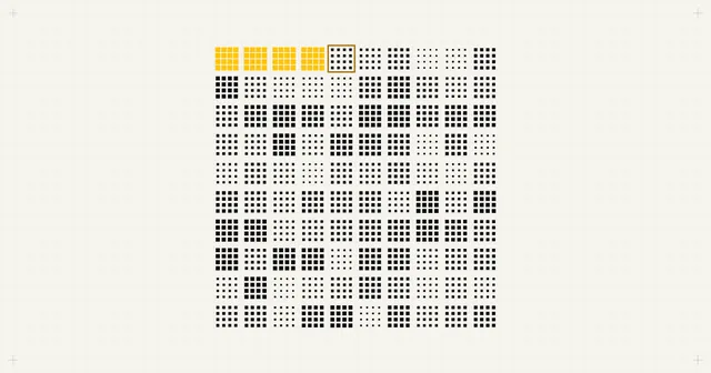 Cover art: a 10 by 10 wall of square-matrix pack tiles in shades of ink, the first four solid yellow and the fifth framed