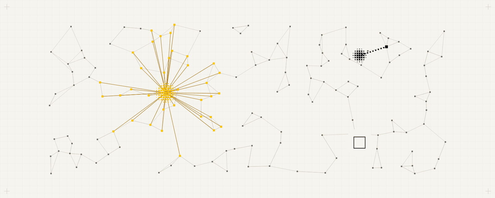 Cover art: a network of small square nodes; a yellow hub linked to 36 yellow nodes, an ink node with one link, and an empty square frame with none