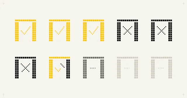 Cover art: ten gates built from squares in two rows: three yellow with check marks, three ink with crosses, one half yellow and three faint